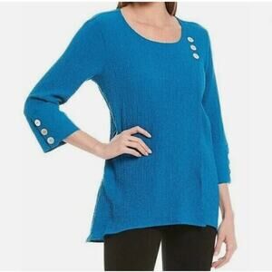 Ali Miles Tunic Top 2X Blue Crinkle Textured Asymmetrical Button Trim Lagenlook